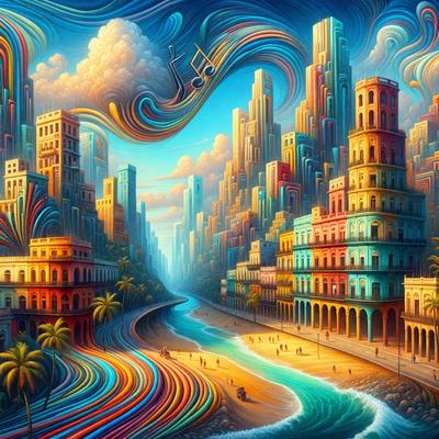 The primary subject of the image is a painting of a cityscape with a river flowing through it. The setting is a vibrant and colorful city with tall buildings and a beach. The visual style is a mix of digital art and illustration, creating a unique and artistic representation of the city. The colors and mood of the painting are lively and energetic, with a focus on the vibrant colors of the buildings and the river.